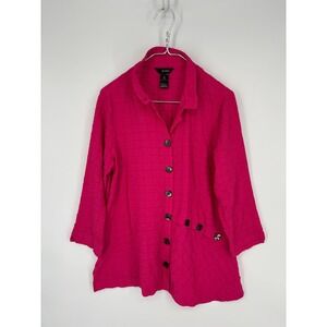 Ali Miles Blouse M Pink Button Up Crinkle Wired Collar Artsy Bright